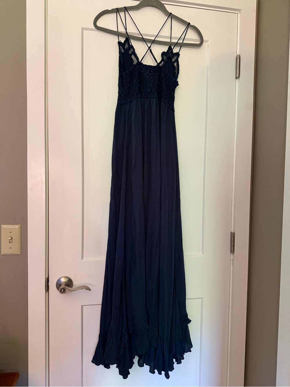 Free People Navy Lace-Bodice Maxi Dress with Crisscross Straps